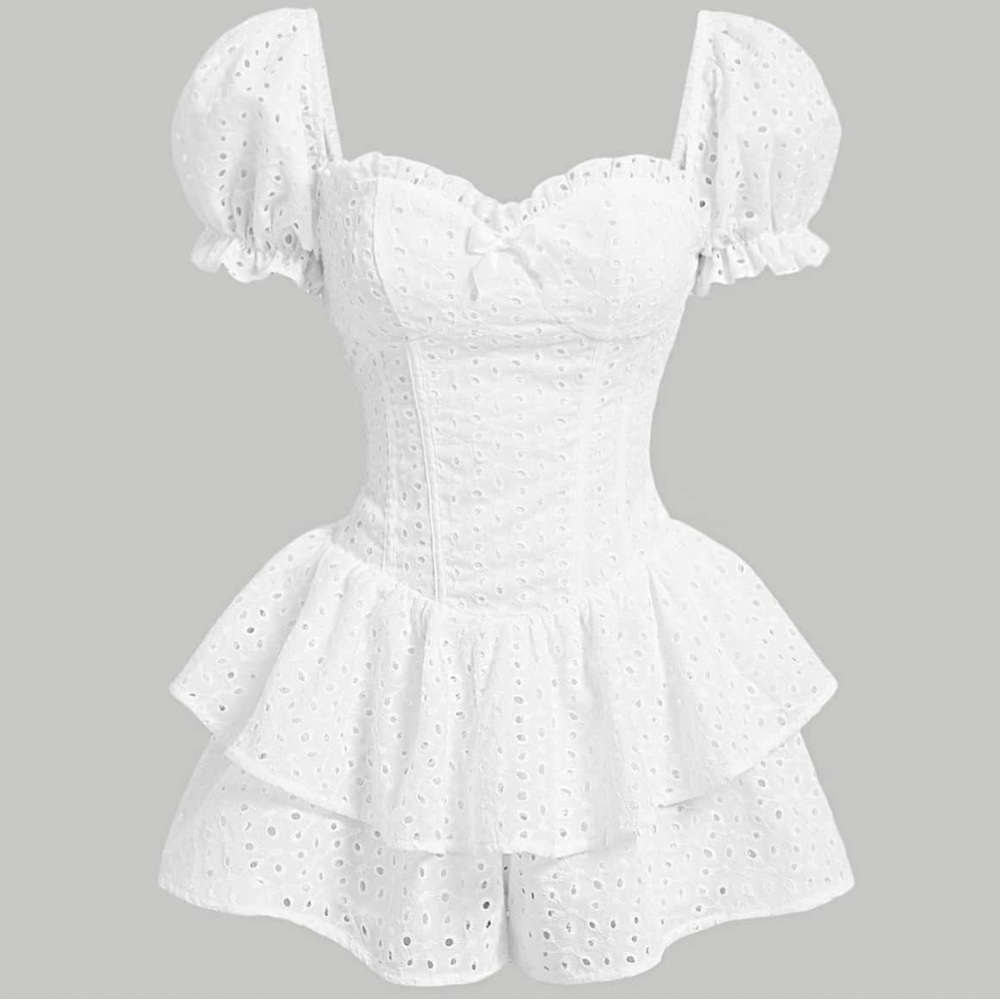 White Eyelet Ruffle puff sleeve romper